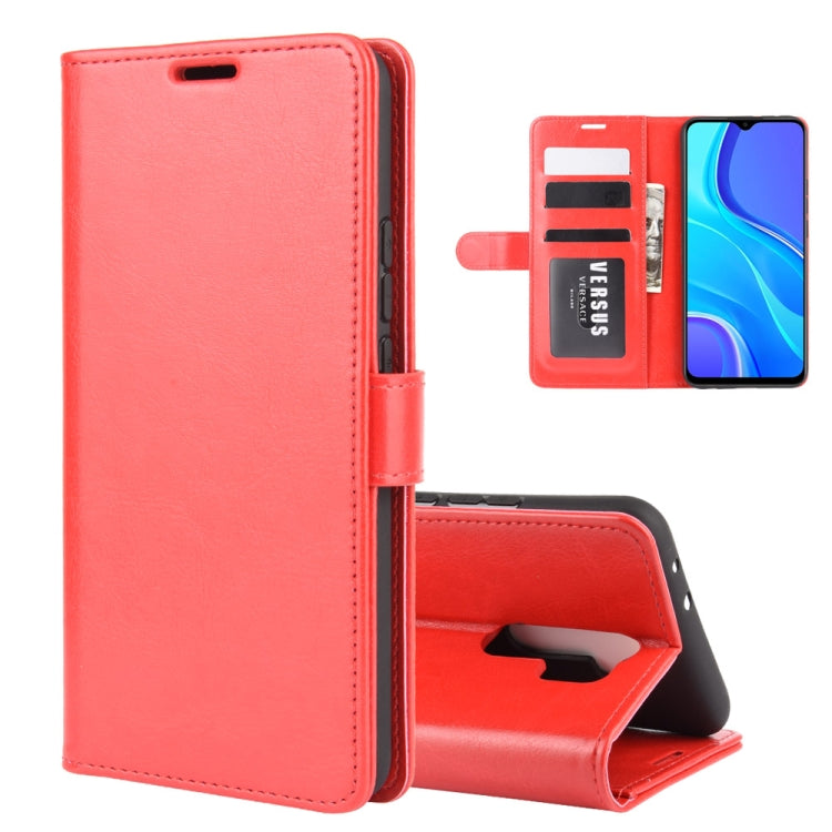 Red flip phone wallet case with card slots and stand for Xiaomi Redmi 9