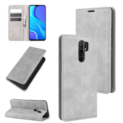 Grey leather wallet case for Xiaomi Redmi 9 with card slots and magnetic closure