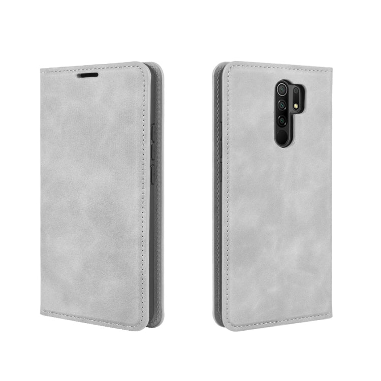 Grey leather wallet case for Xiaomi Redmi 9, side view with cutouts