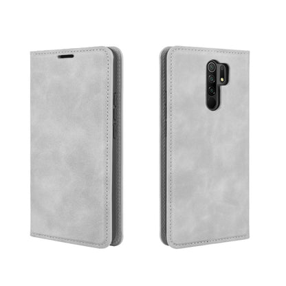 Grey leather wallet case for Xiaomi Redmi 9, side view with cutouts
