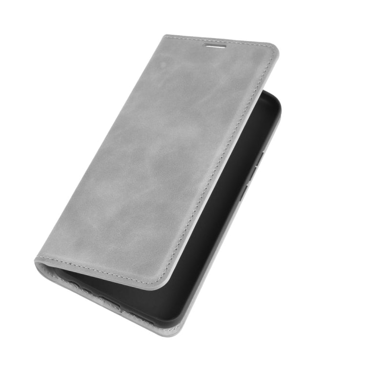 Grey leather wallet case for Xiaomi Redmi 9, angled cover with flip stand