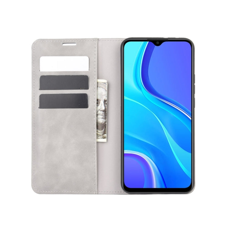 Grey leather wallet case for Xiaomi Redmi 9, front flip with card slots