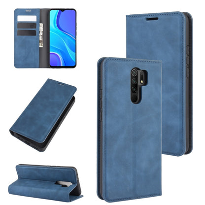 Dark blue magnetic leather phone case with card slots and folding stand for Redmi 9