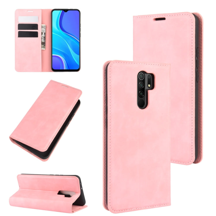Pink magnetic leather phone case with card slots and folding stand for Redmi 9