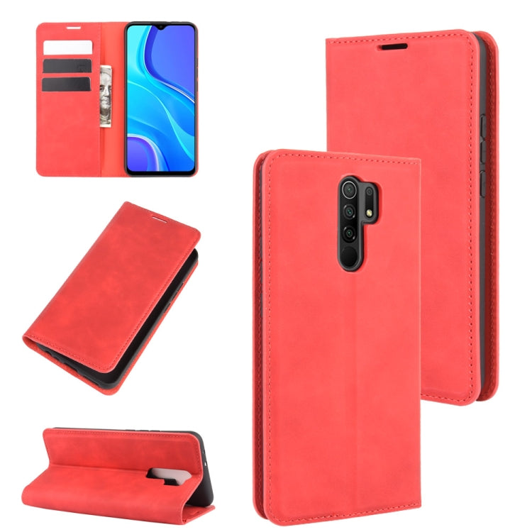 Red magnetic leather phone case with card slots and folding stand for Redmi 9