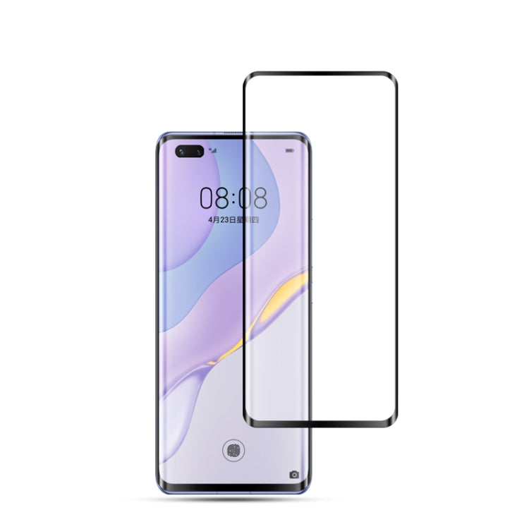 Curved tempered glass screen protector film for smartphone, clear panel over purple phone