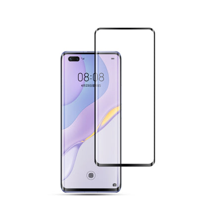 Curved tempered glass screen protector film for smartphone, clear panel over purple phone