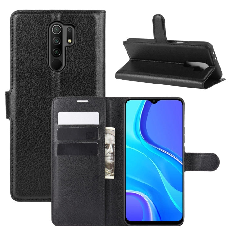 Litchi texture flip wallet case with card slots and stand, for Redmi 9 phone, black
