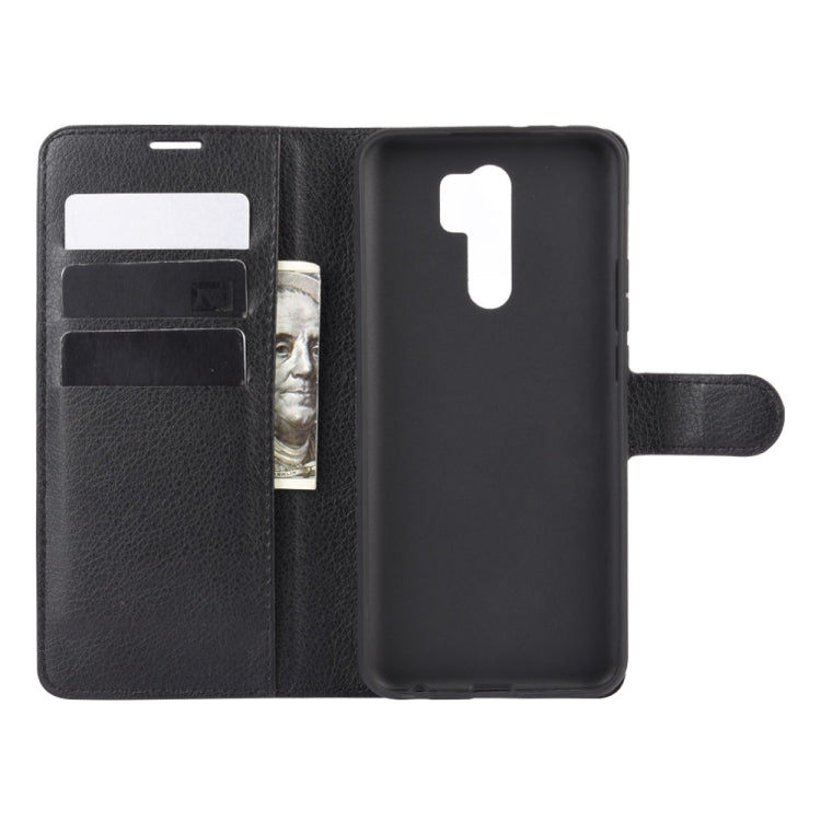 Litchi texture flip wallet case with card slots and cutouts, for Redmi 9, black