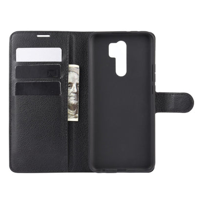 Litchi texture flip wallet case with card slots and cutouts, for Redmi 9, black