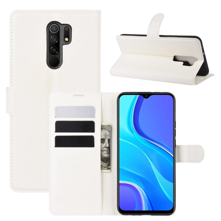 Litchi-texture wallet case for Redmi 9 in white, with flip stand and card slots
