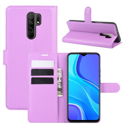 Litchi-texture wallet case for Redmi 9 in purple, with flip stand and card slots