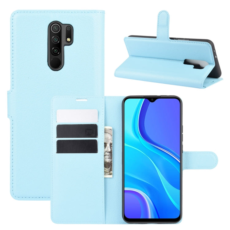 Litchi-texture wallet case for Redmi 9 in light blue, with flip stand and card slots