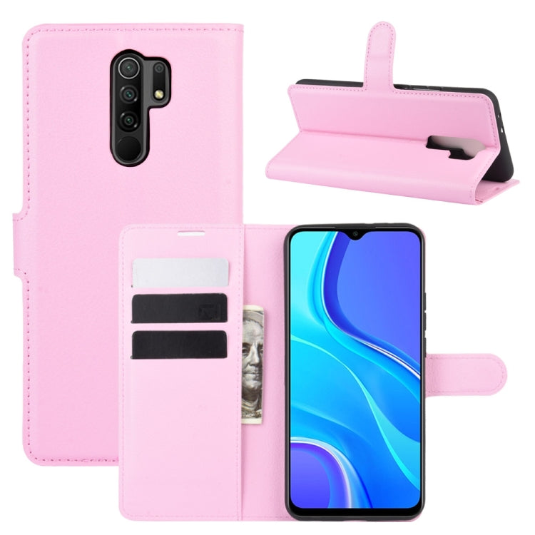 Litchi-texture wallet case for Redmi 9 in pink, with flip stand and card slots