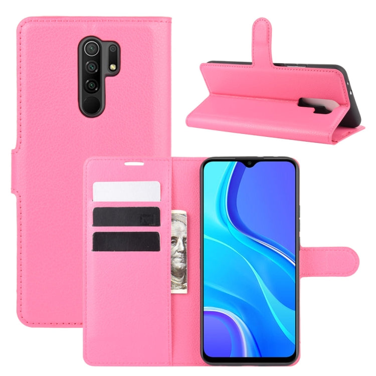 Litchi-texture wallet case for Redmi 9 in rose red, with flip stand and card slots