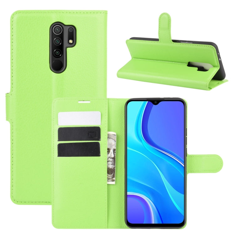 Litchi-texture wallet case for Redmi 9 in green, with flip stand and card slots