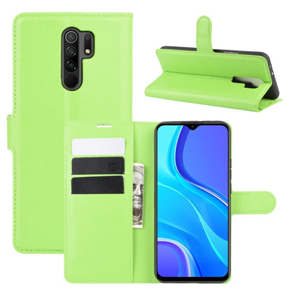 Litchi-texture wallet case for Redmi 9 in green, with flip stand and card slots