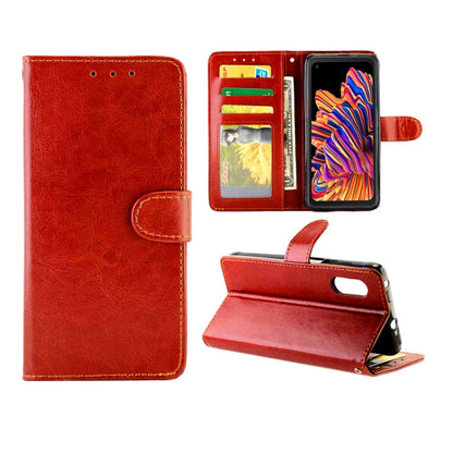 Red crazy horse texture leather flip phone wallet case, opened with card slots visible