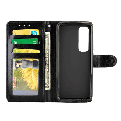 Black flip phone case with card slots and photo window, front cover open