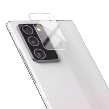 Clear tempered glass film sheet covering three rear camera lenses on a white phone