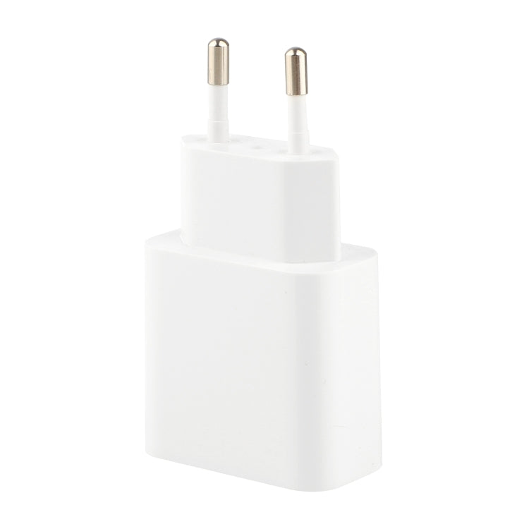 White EU plug wall charger with two-prong design and USB-C connector