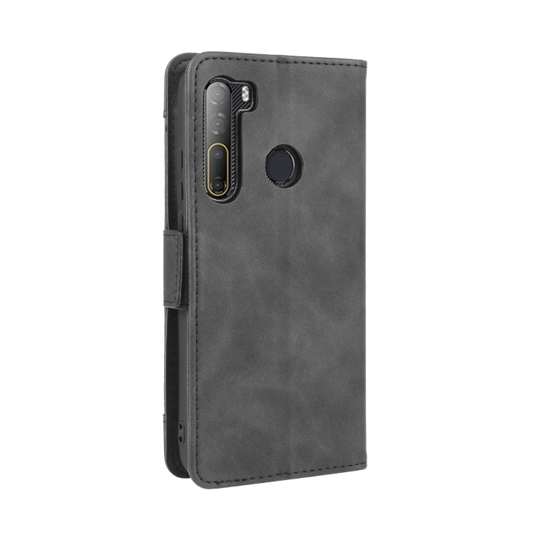 Black leather wallet phone case back view with camera and speaker cutouts