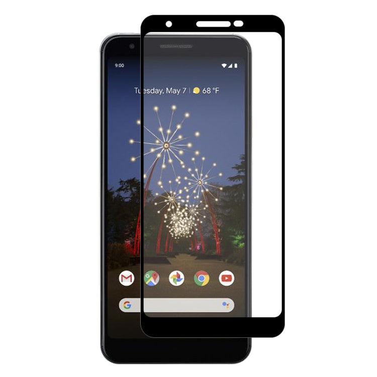 Tempered glass screen protector film covering smartphone front screen with cutouts
