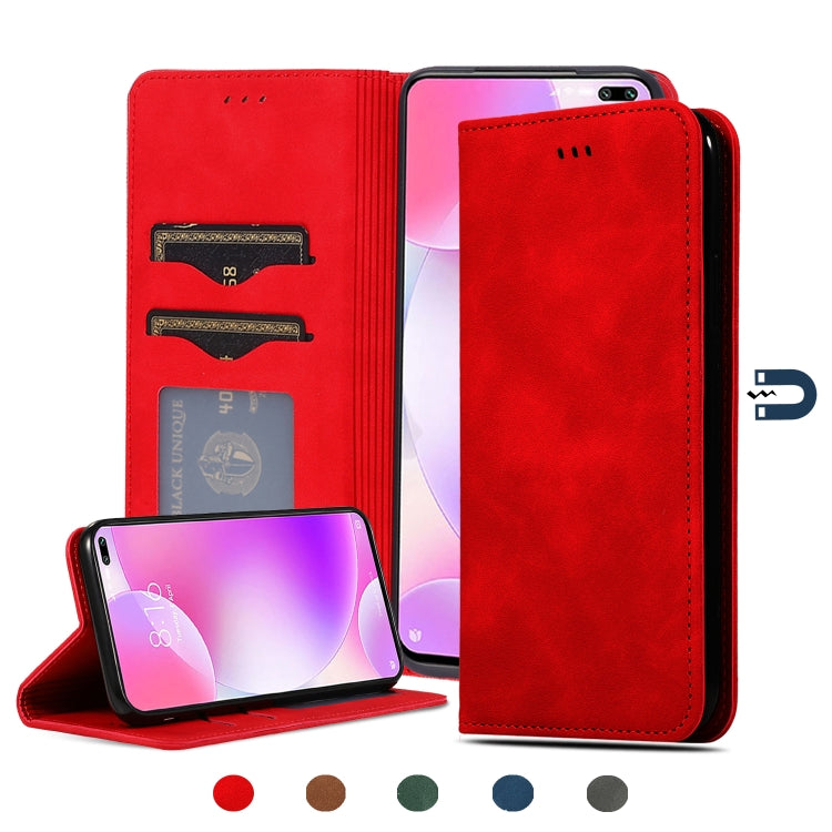 Red leather flip phone case with magnetic wallet, card slots, and stand