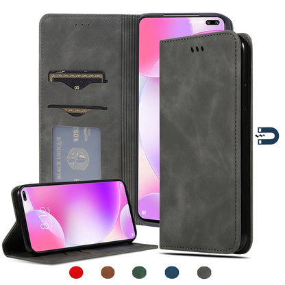 Dark gray leather flip phone case with card slots and rear camera opening