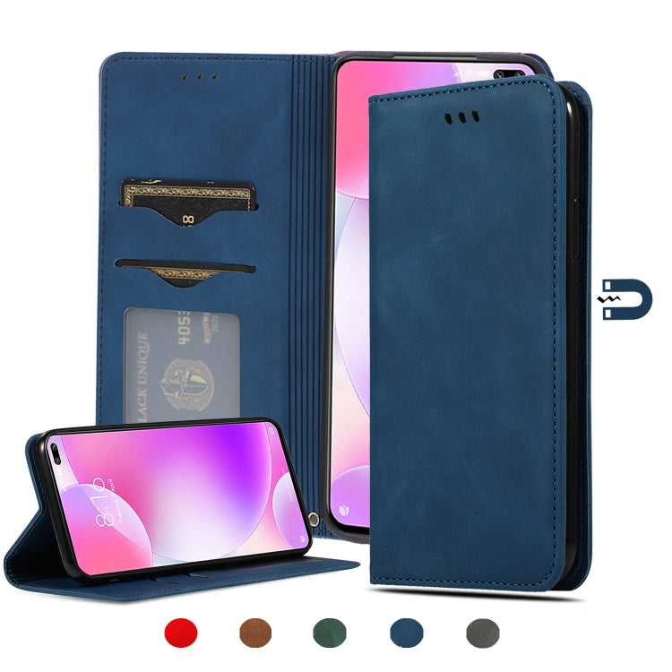 Navy blue leather flip phone case with card slots and side camera cutout