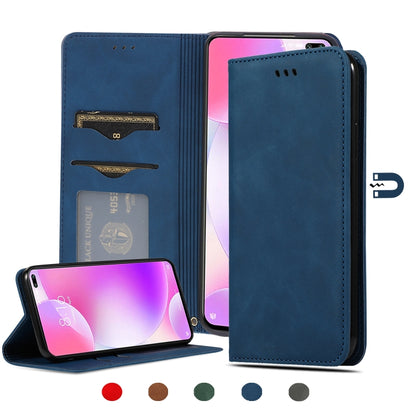 Navy blue leather flip phone case with card slots and side camera cutout