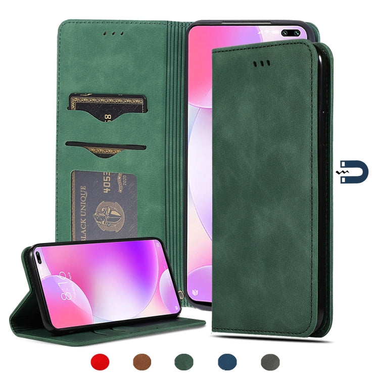 Magnetic leather flip phone case, green; card slots and stand viewable.