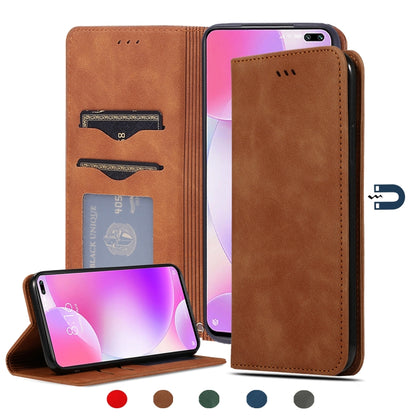Magnetic leather flip phone case, brown; card slots and flip cover open.
