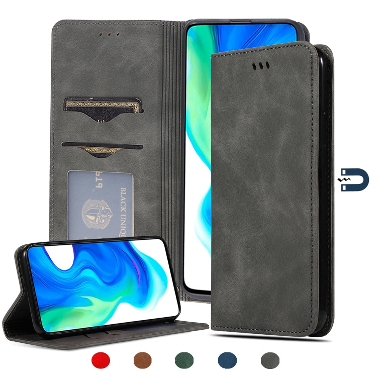 Magnetic leather flip phone case, dark gray; card slots with phone in cover.