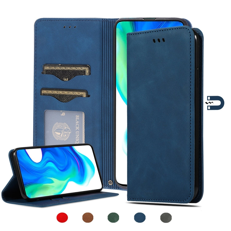 Magnetic leather flip phone case, navy blue; card slots and front view.