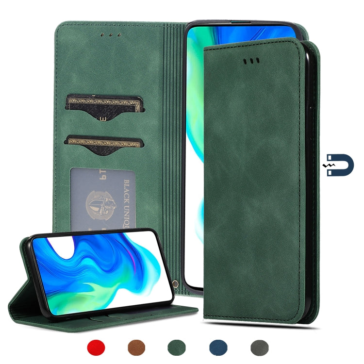 Magnetic leather flip phone case, green; phone upright in flip cover.