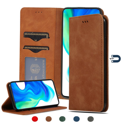 Magnetic leather flip phone case, brown; flip cover open with stand.