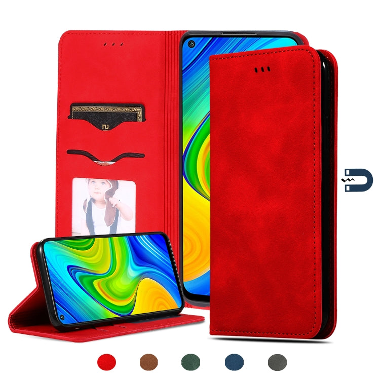 Magnetic leather flip phone case, red; card slots and phone in portrait view.
