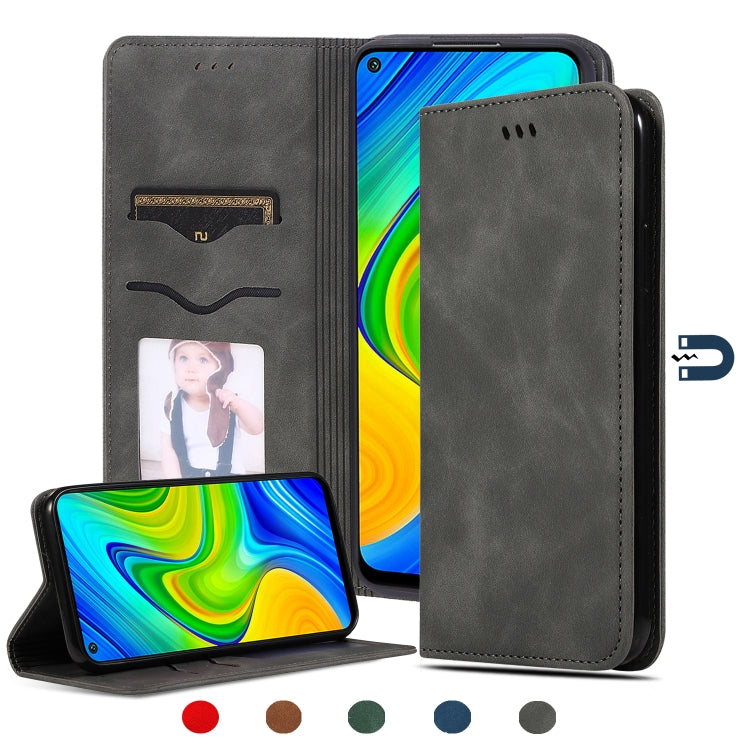 Magnetic leather flip phone case, dark gray; card slot panel and phone front.