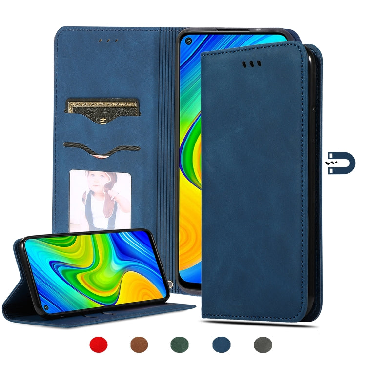 Magnetic leather flip phone case, navy blue; card slots with phone inside.