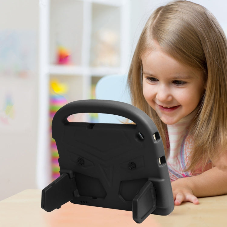 Black children’s tablet case with rear stand, shown in use