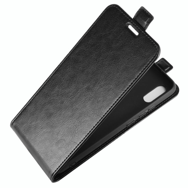 Vertical flip leather-texture phone case with stand, black exterior and visible hinge