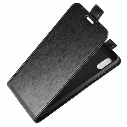 Vertical flip leather-texture phone case with stand, black exterior and visible hinge