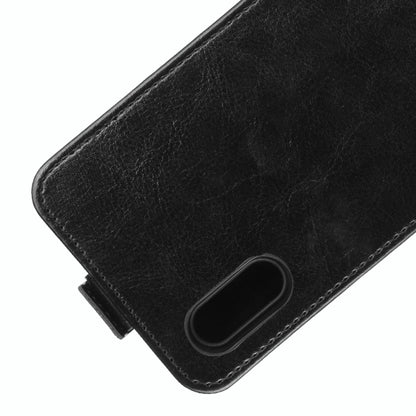 Black leather-texture flip phone case with camera cutout and protective edge stitching