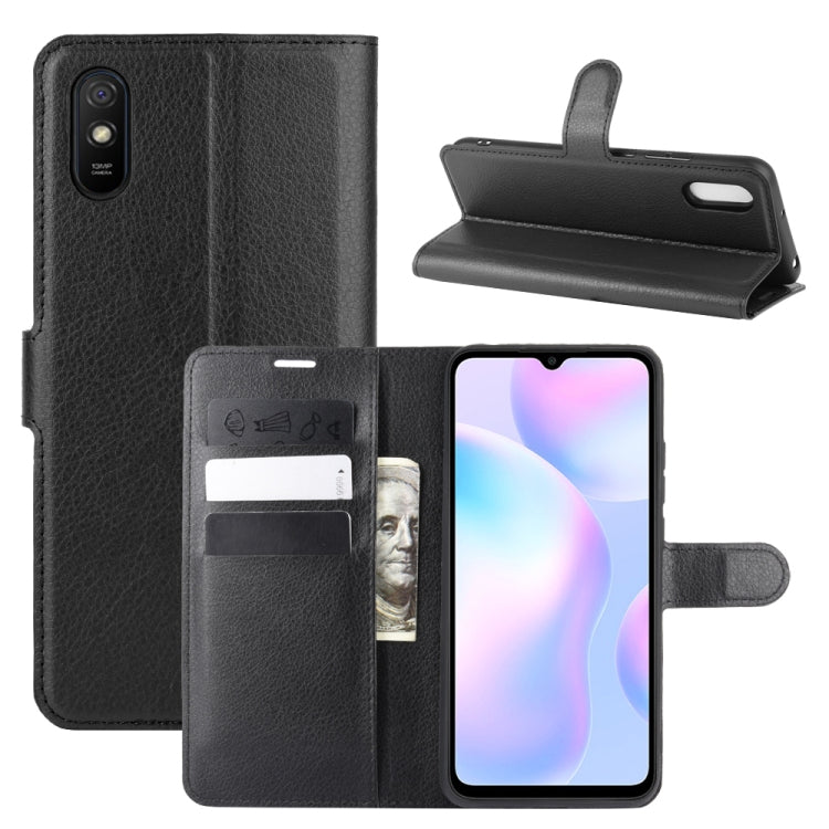 Black litchi-texture flip wallet case with holder and card slots for Redmi 9A