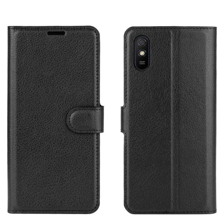 Black litchi-texture flip wallet case, front closed with side strap for Redmi 9A
