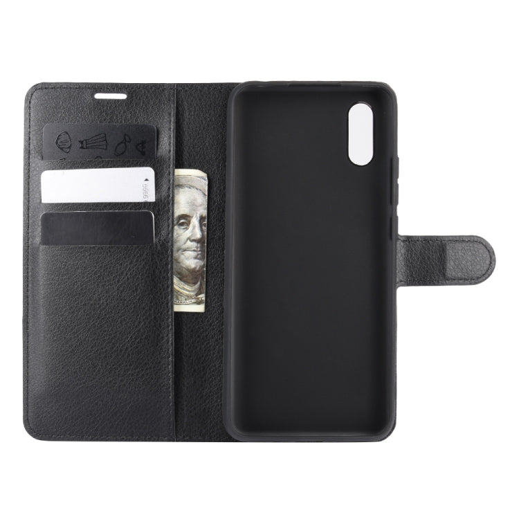 Black litchi-texture flip wallet case open, with card slots and camera cutout