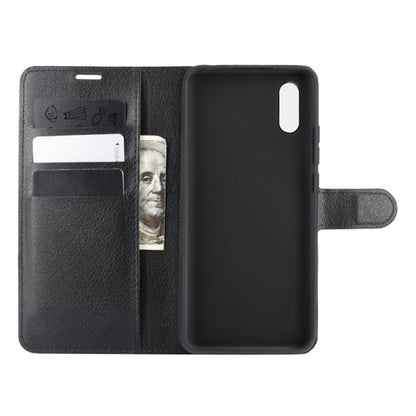 Black litchi-texture flip wallet case open, with card slots and camera cutout