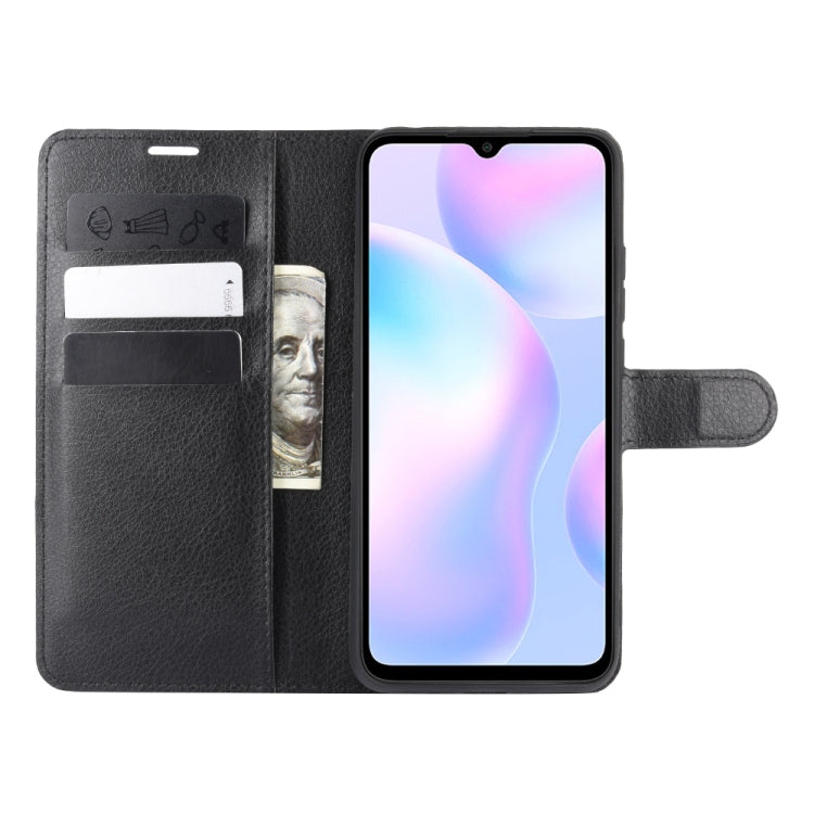 Black litchi-texture flip wallet case with phone front cover and card slots for Redmi 9A