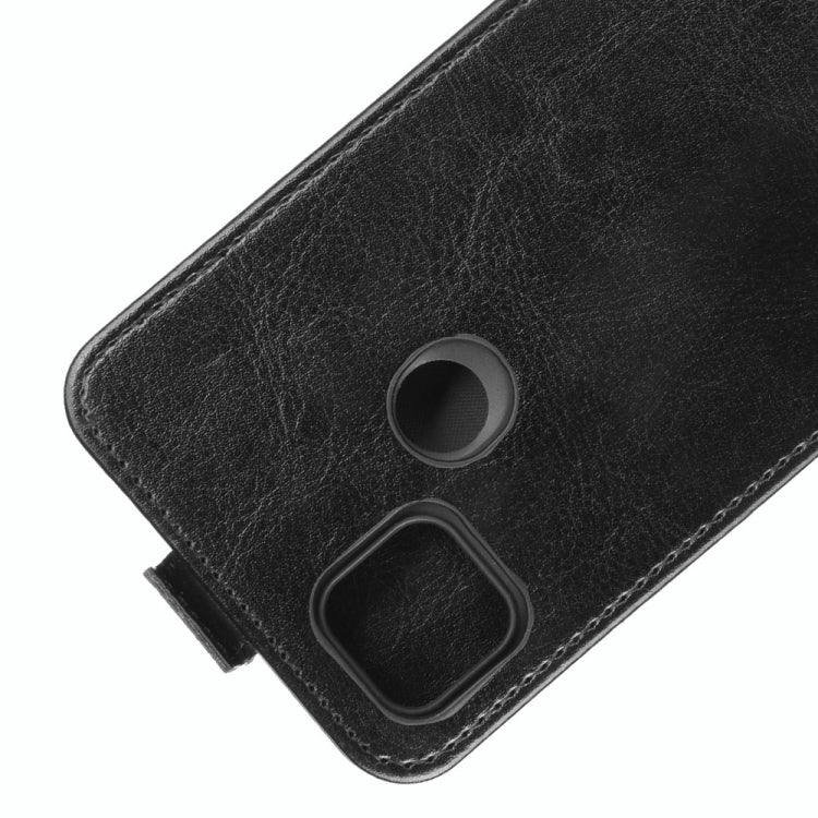 Black textured leather vertical flip case with camera opening and finger cutout